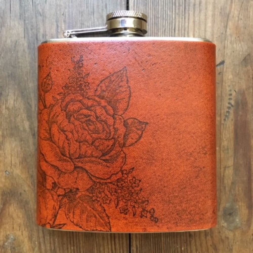 NEW Rose Ink Stamped Handmade Leather Flask 6 oz.